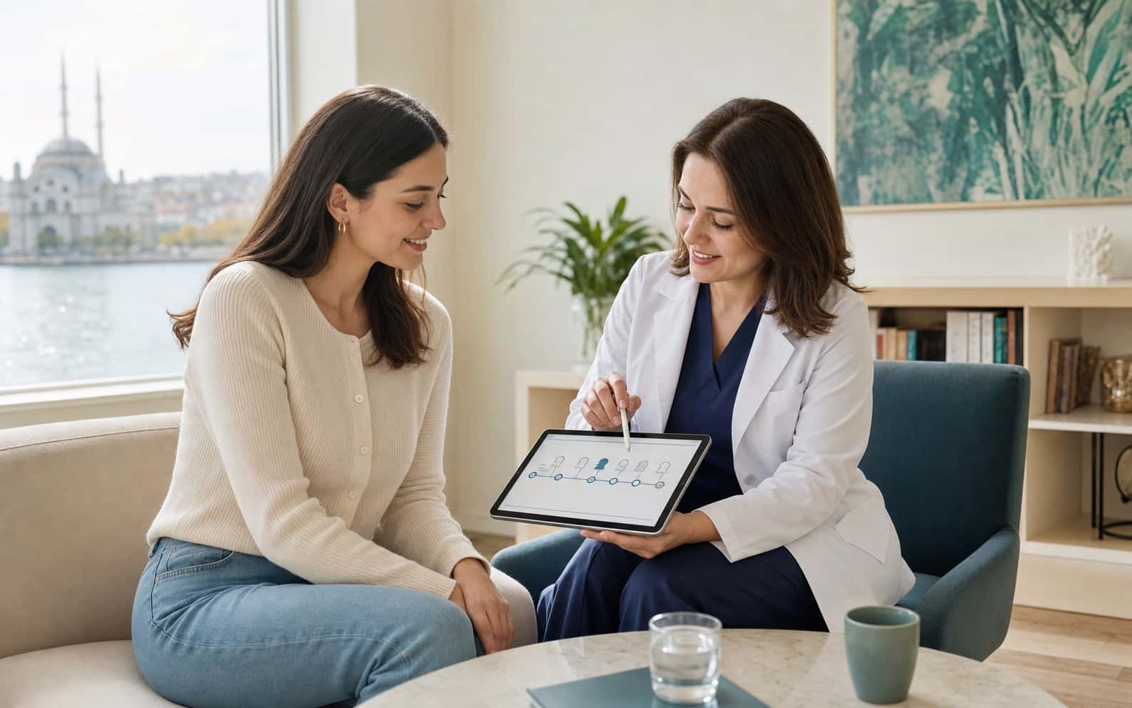 Patient discussing recovery and remote follow-up after rhinoplasty