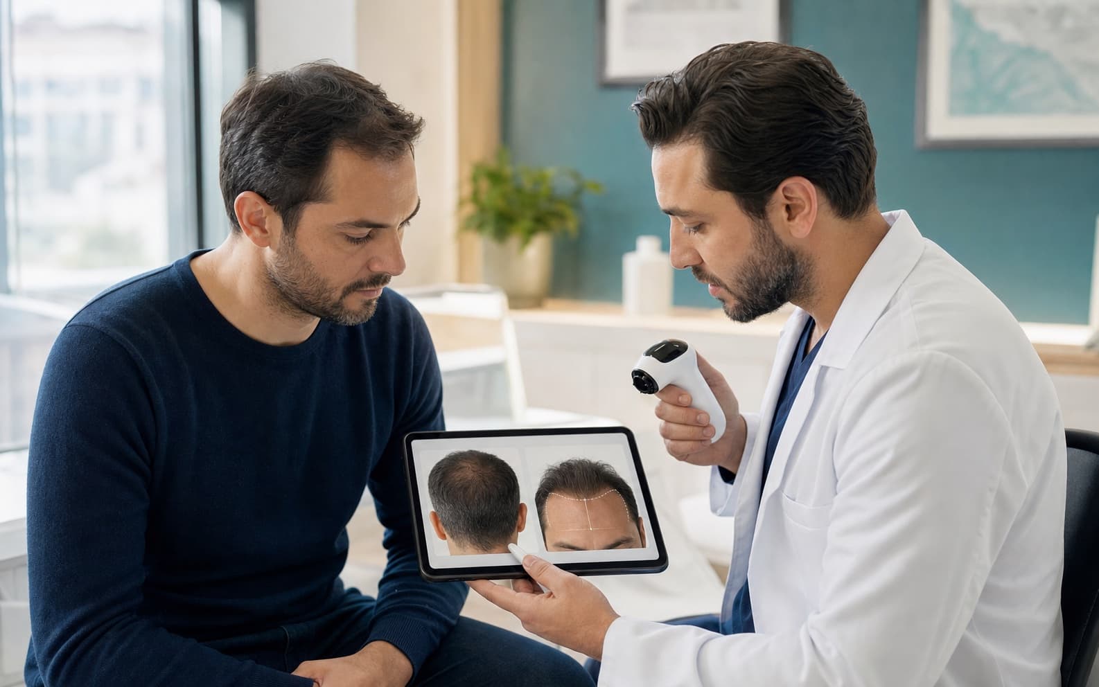 Hairline and donor-area assessment for FUE and DHI hair transplant
