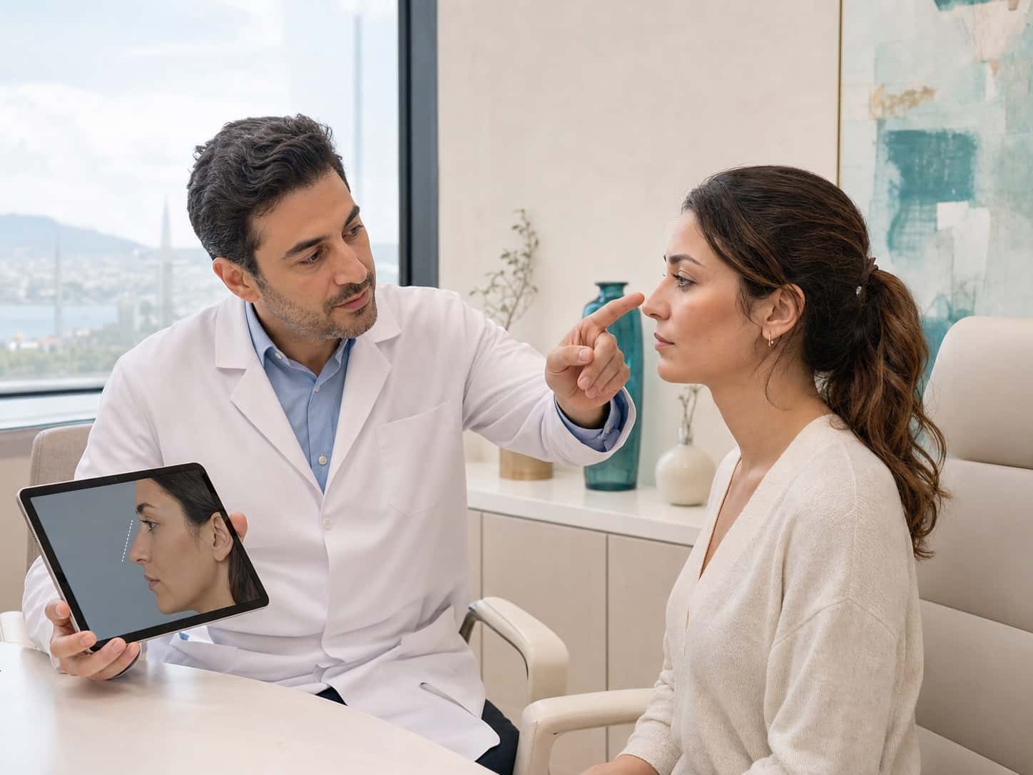Facial analysis and rhinoplasty assessment during an aesthetic surgery consultation